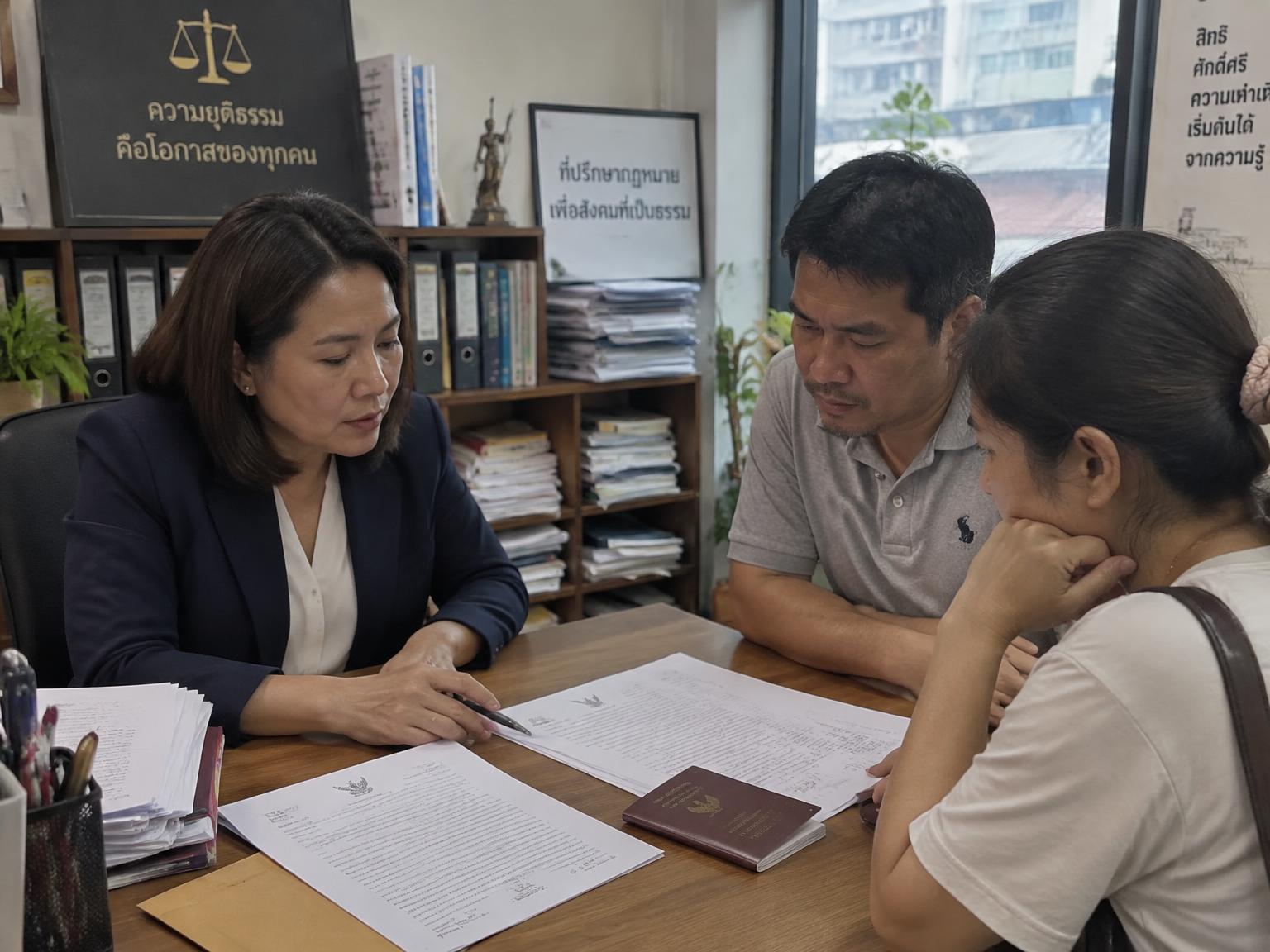 ทนายความอธิบายเอกสารราชการไทยและหนังสือเดินทางให้ลูกค้าที่โต๊ะประชุมในสำนักงาน